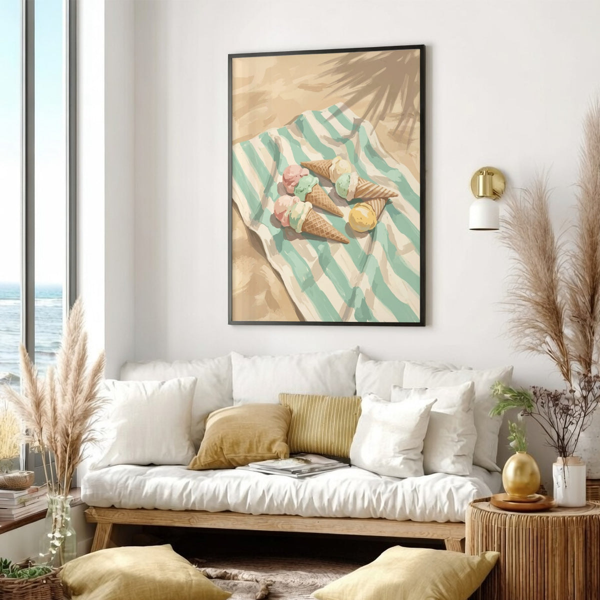 Wall art featuring three pastel ice cream cones on a striped towel at beach
