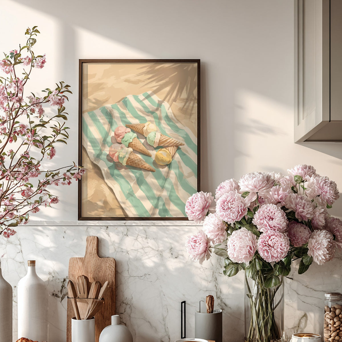 Wall art featuring three pastel ice cream cones on a striped towel at beach