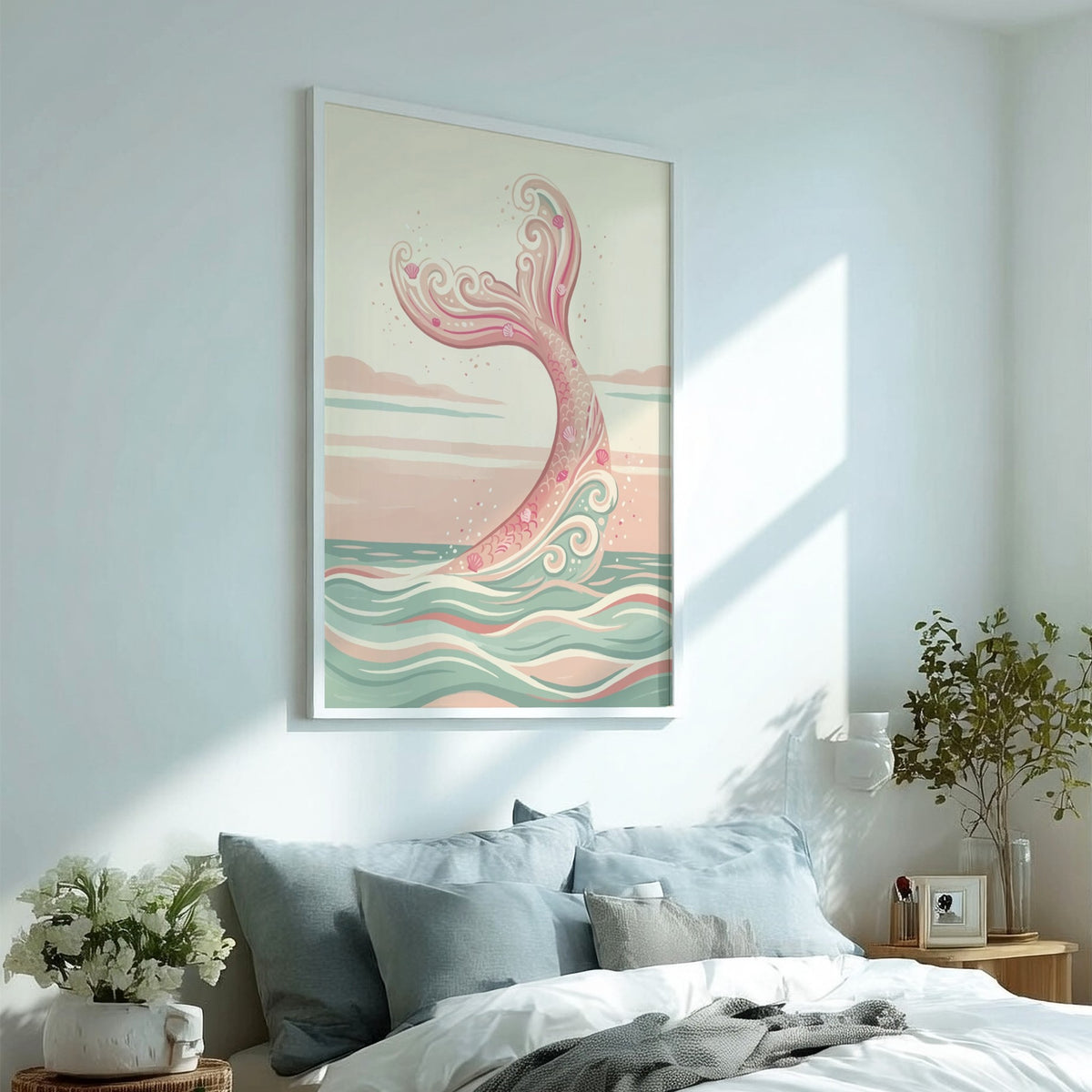 Wall art featuring a pink mermaid tail with seashell accents above soft ocean waves.