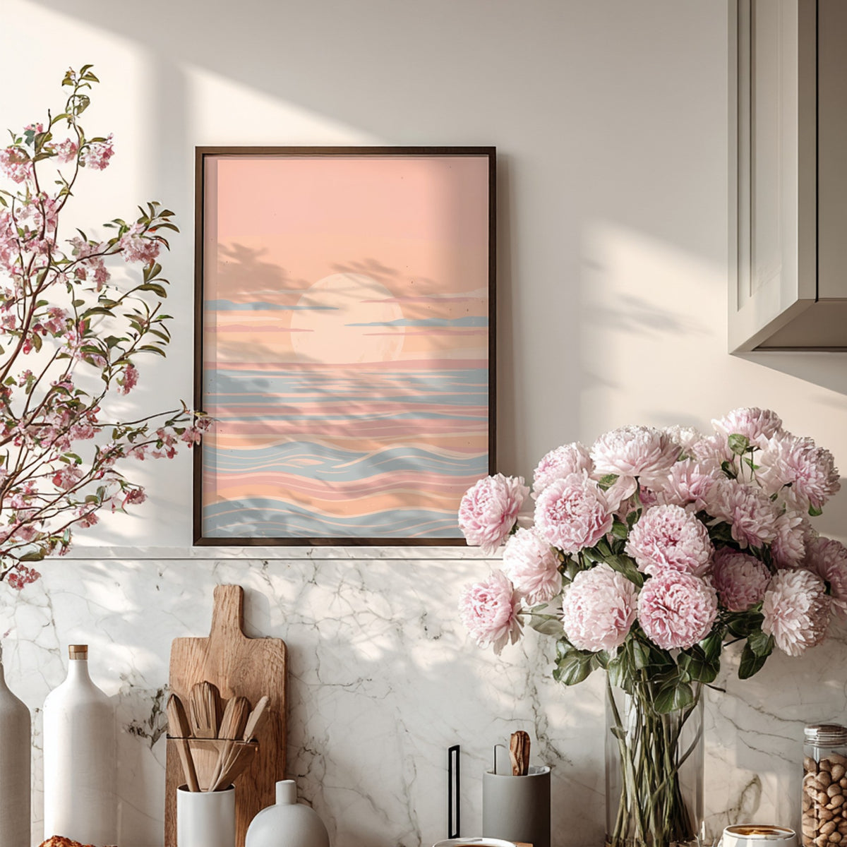 Minimalist beach poster featuring pastel pink waves and a soft peach sunset over ocean
