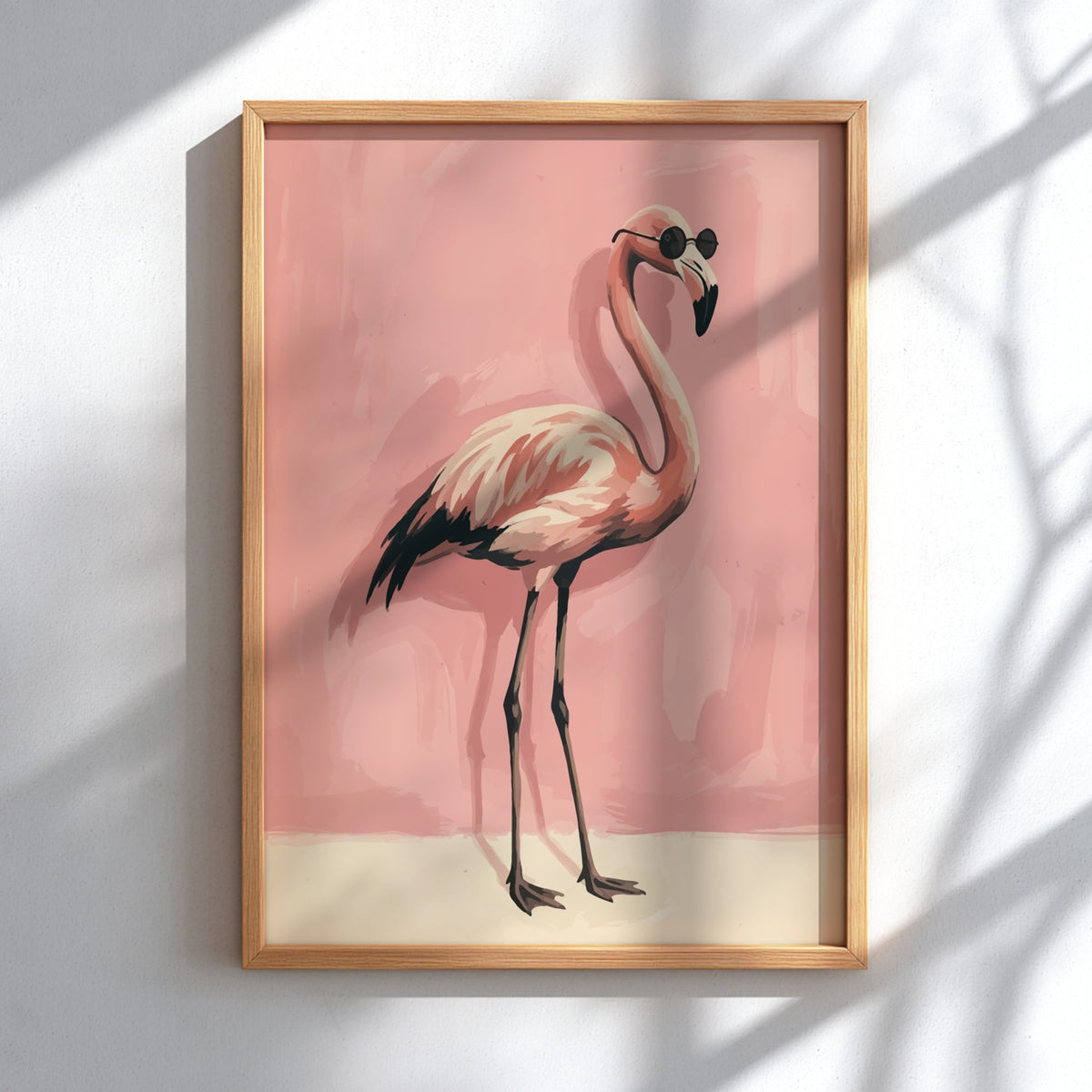 Flamingo wall decor featuring a pink bird wearing sunglasses against a soft pink background