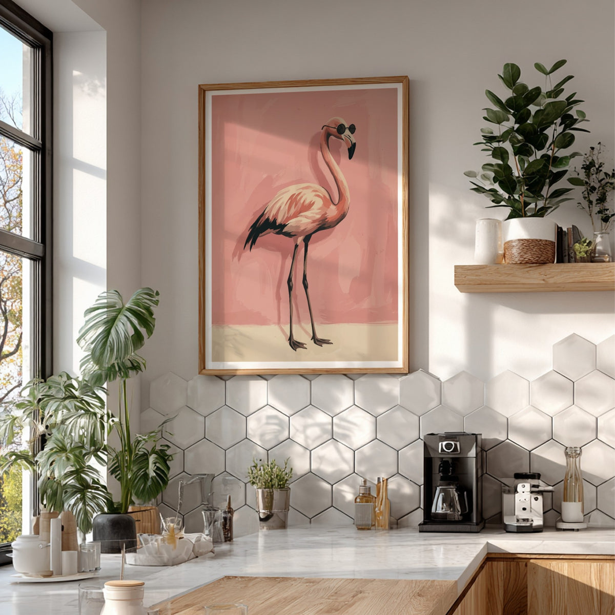 Flamingo wall decor featuring a pink bird wearing sunglasses against a soft pink background