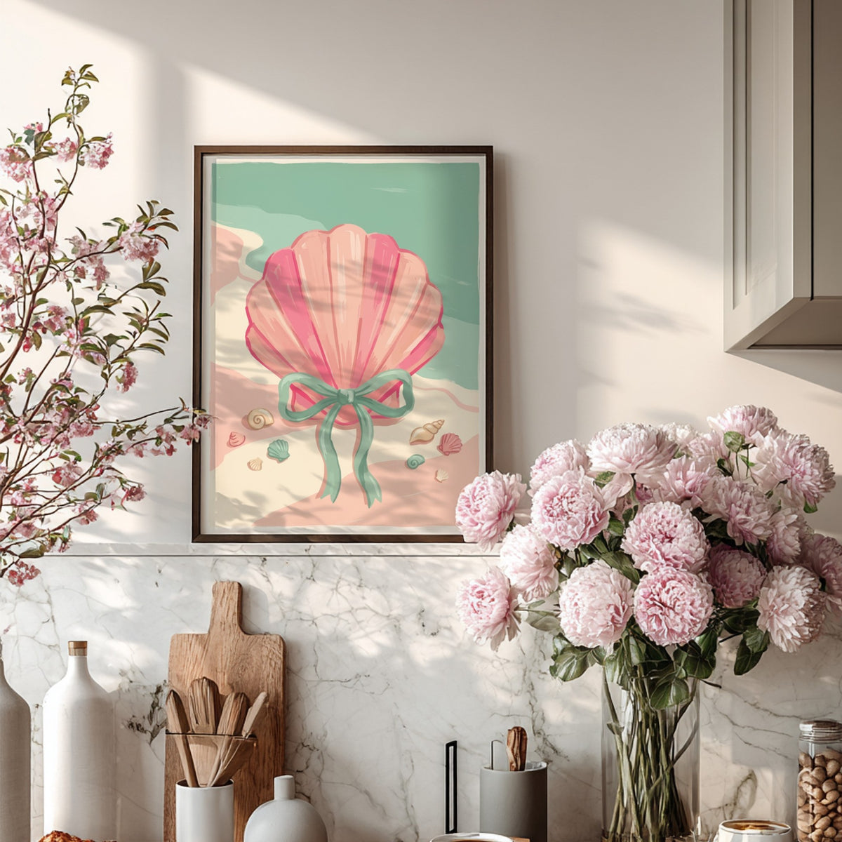 Coastal wall decor featuring a large pink seashell tied with a sage green ribbon.