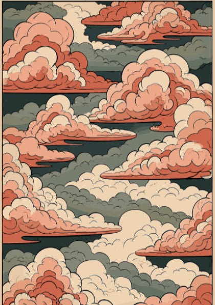Japanese art style poster featuring pink and green clouds in a stylized sky.