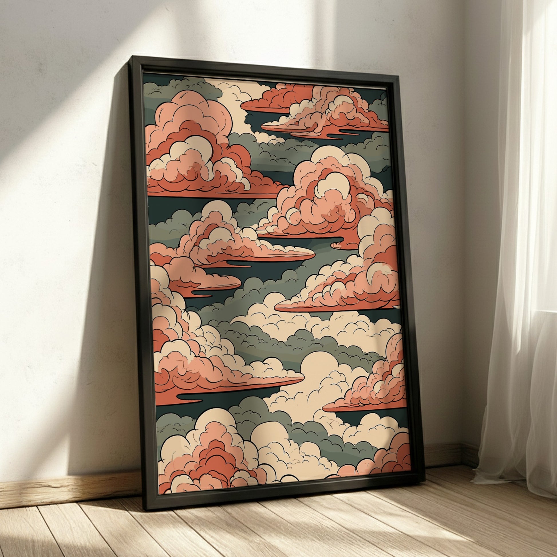 Japanese art style poster featuring pink and green clouds in a stylized sky.