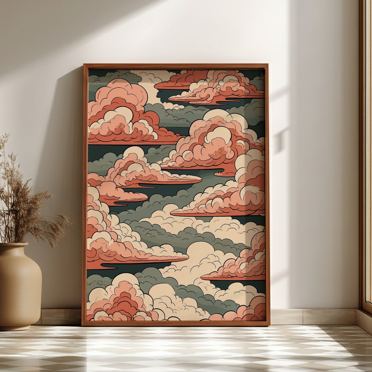 Japanese art style poster featuring pink and green clouds in a stylized sky.