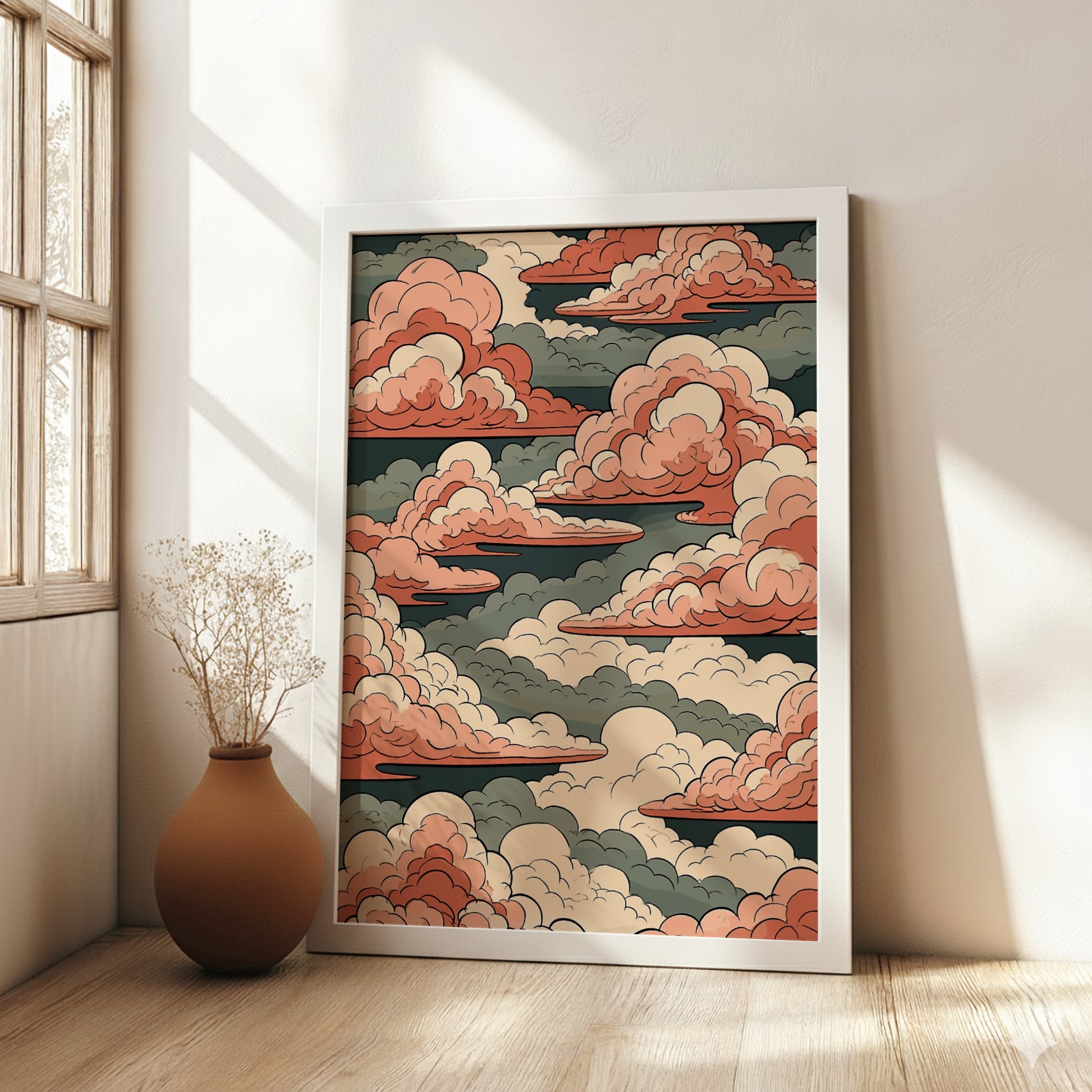 Japanese art style poster featuring pink and green clouds in a stylized sky.