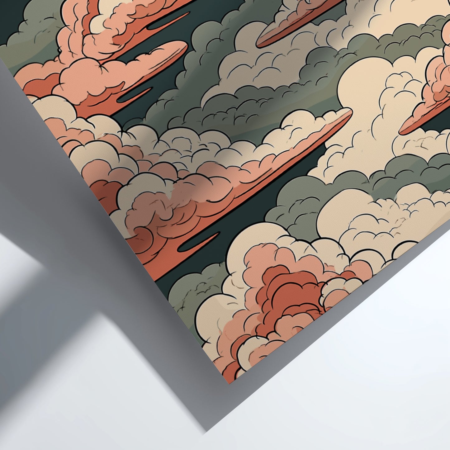 Japanese art style poster featuring pink and green clouds in a stylized sky.
