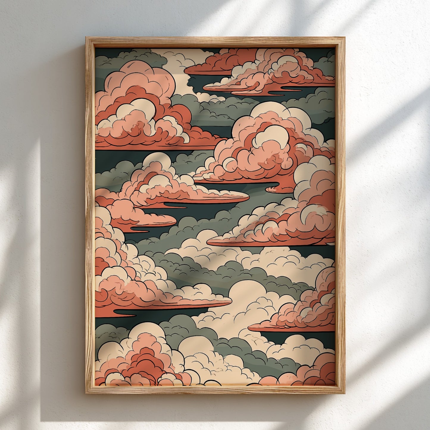 Japanese art style poster featuring pink and green clouds in a stylized sky.