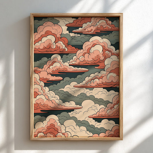 Japanese art style poster featuring pink and green clouds in a stylized sky.