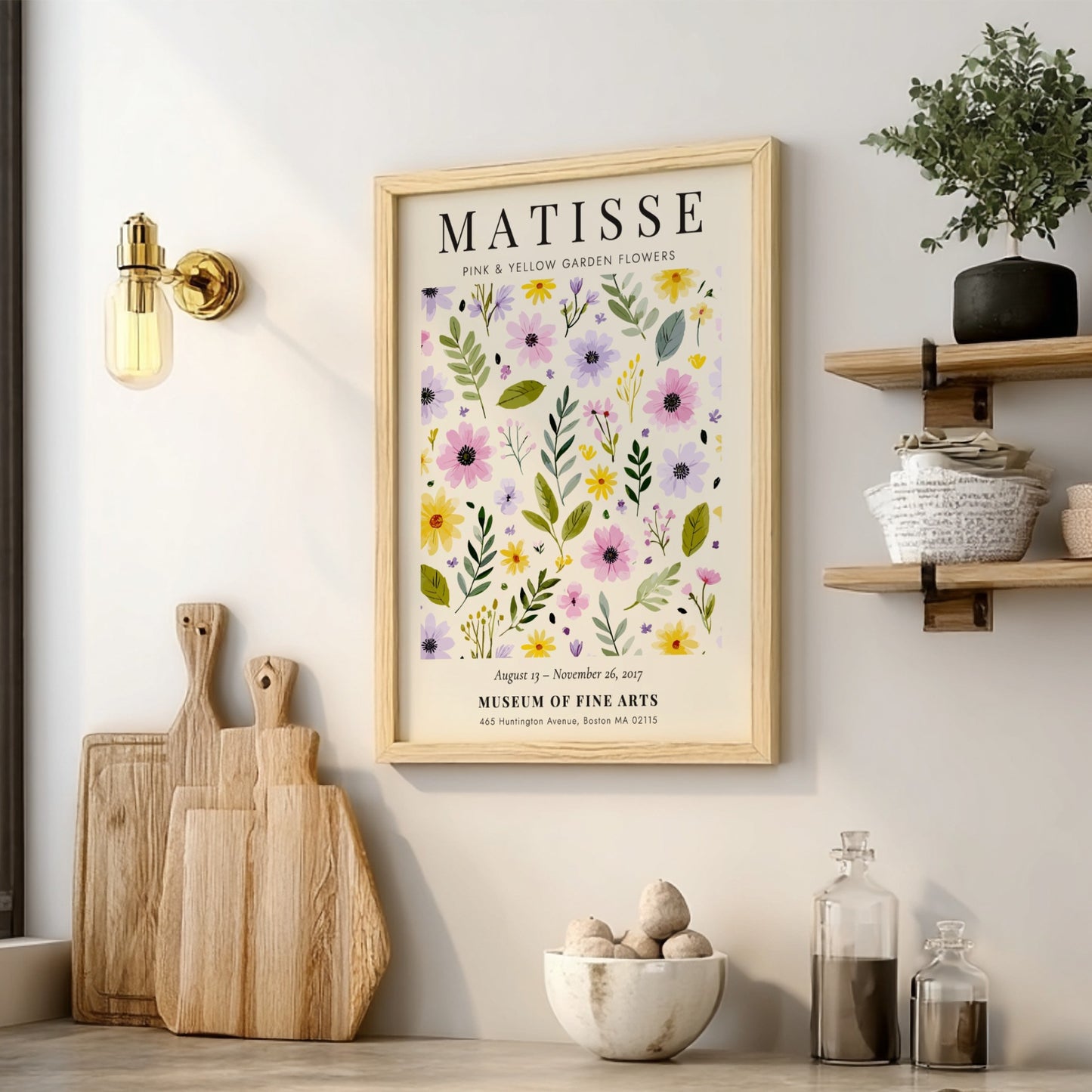 Henri Matisse poster featuring pink and yellow garden flowers with green foliage, floral art for home decor.
