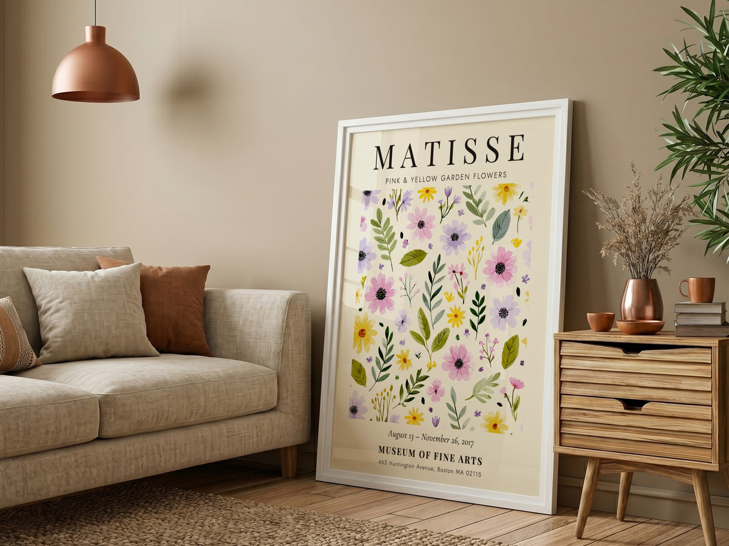 Henri Matisse poster featuring pink and yellow garden flowers with green foliage, floral art for home decor.