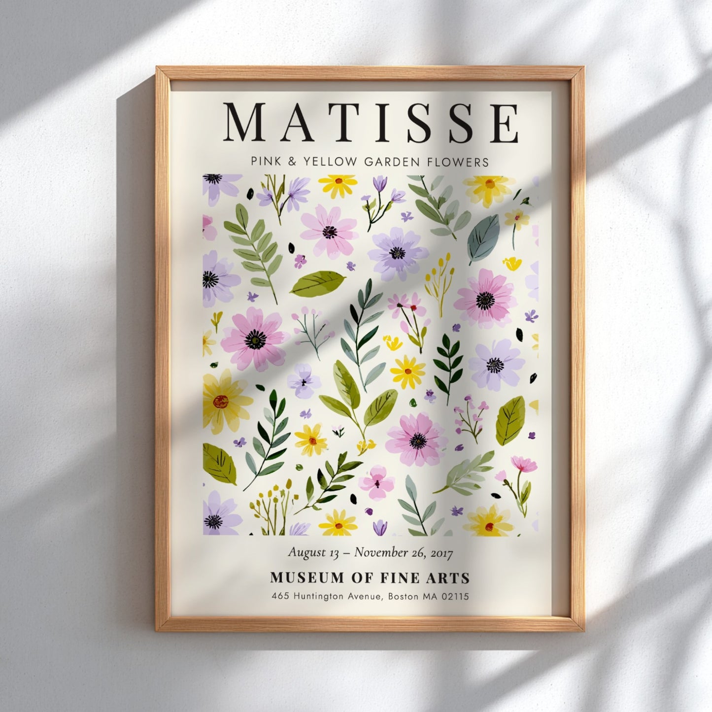Henri Matisse poster featuring pink and yellow garden flowers with green foliage, floral art for home decor.