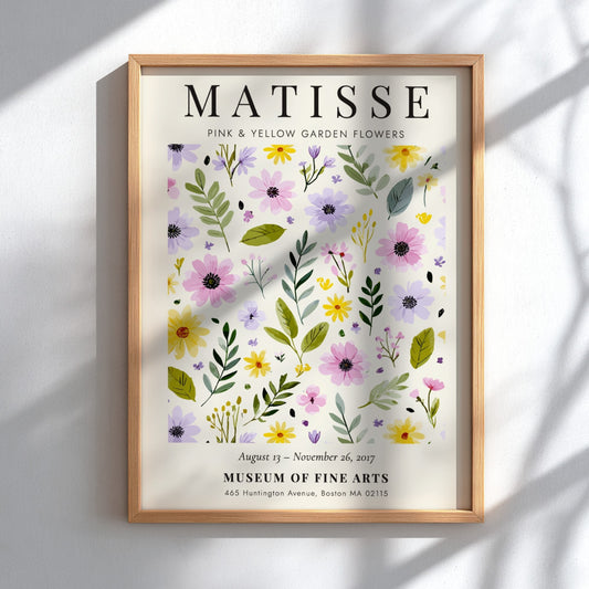 Henri Matisse poster featuring pink and yellow garden flowers with green foliage, floral art for home decor.