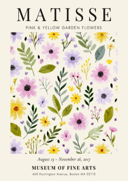 Henri Matisse poster featuring pink and yellow garden flowers with green foliage, floral art for home decor.