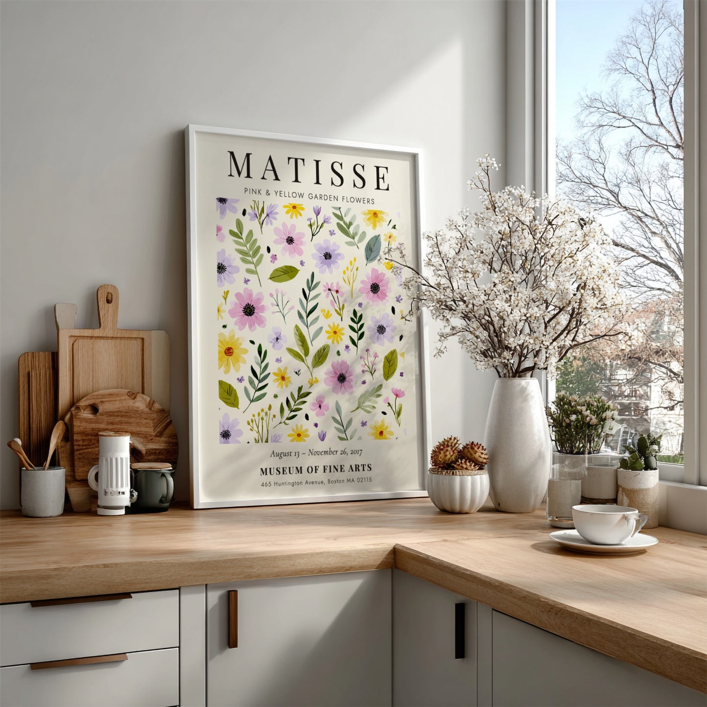Henri Matisse poster featuring pink and yellow garden flowers with green foliage, floral art for home decor.