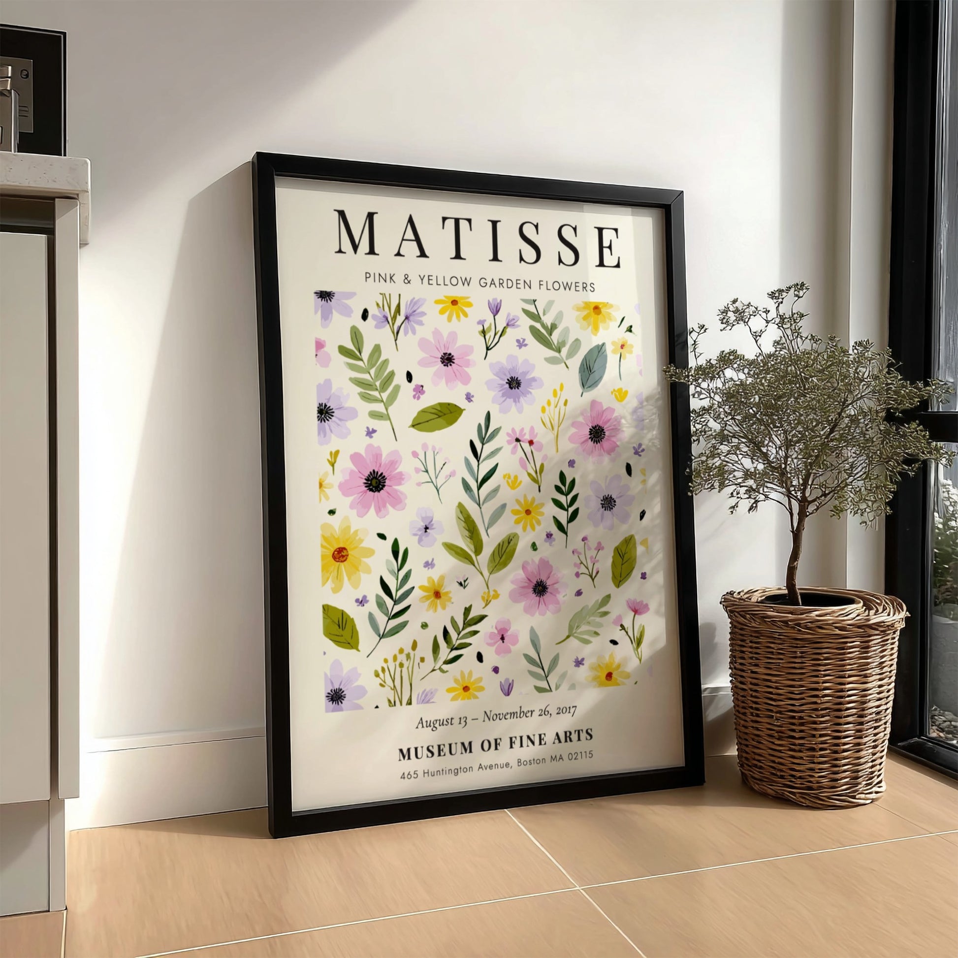 Henri Matisse poster featuring pink and yellow garden flowers with green foliage, floral art for home decor.