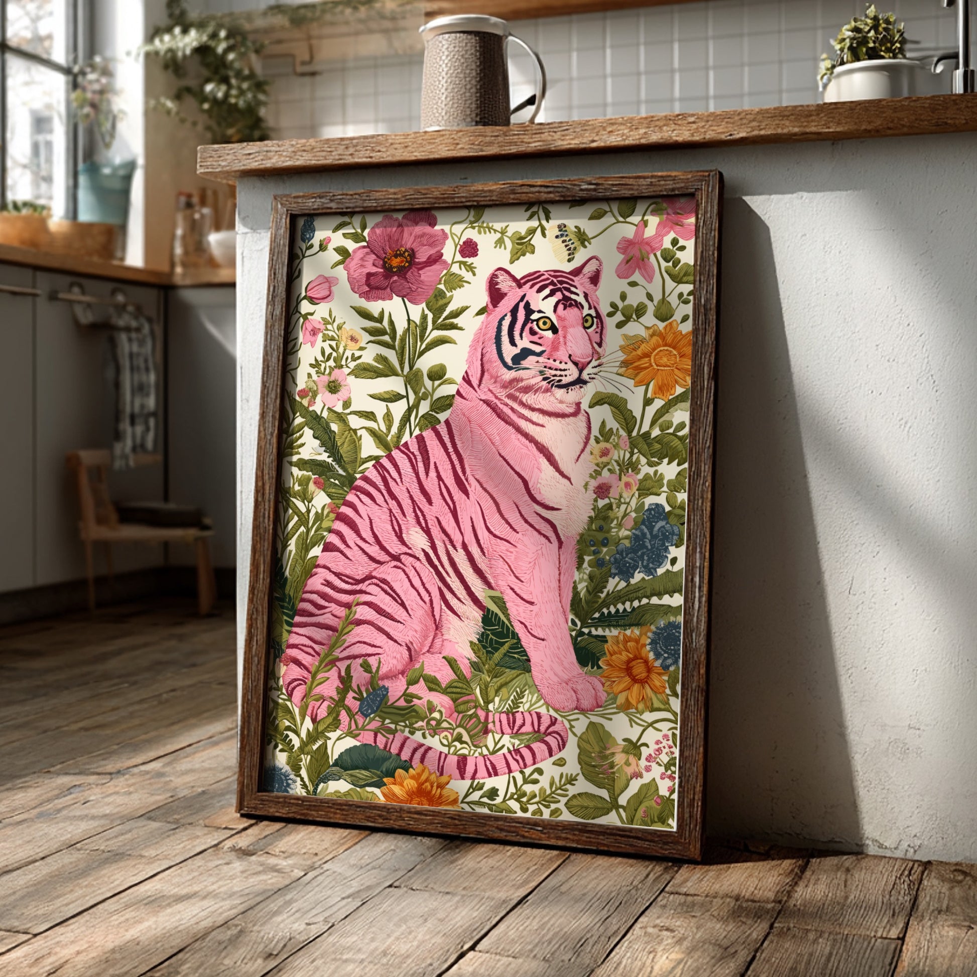 Wild Botanica Modern Art - The Pink Tiger in a Botanical Garden Wall Print