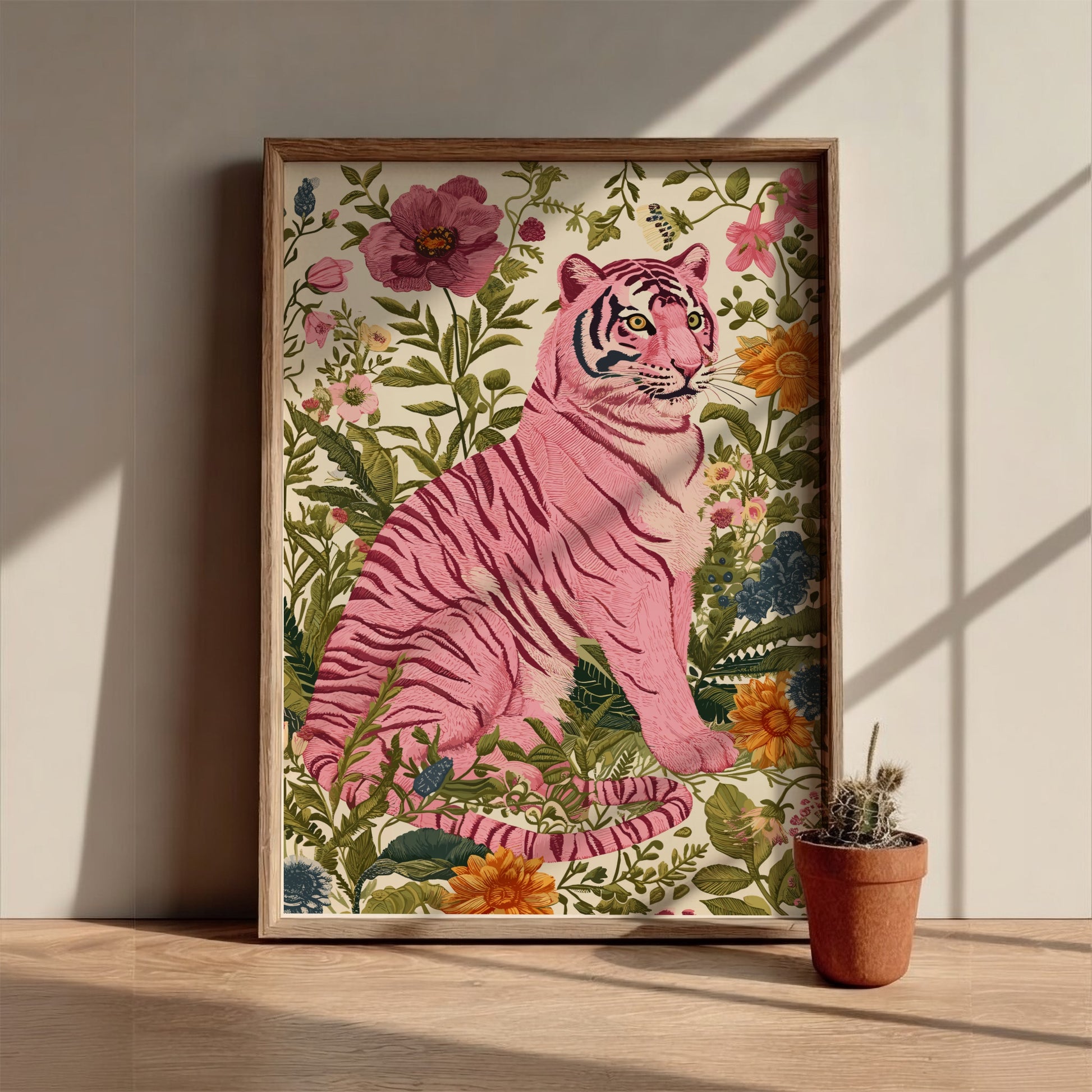 Wild Botanica Modern Art - The Pink Tiger in a Botanical Garden Wall Print