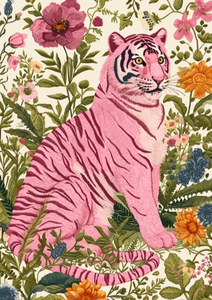 Wild Botanica Modern Art - The Pink Tiger in a Botanical Garden Wall Print
