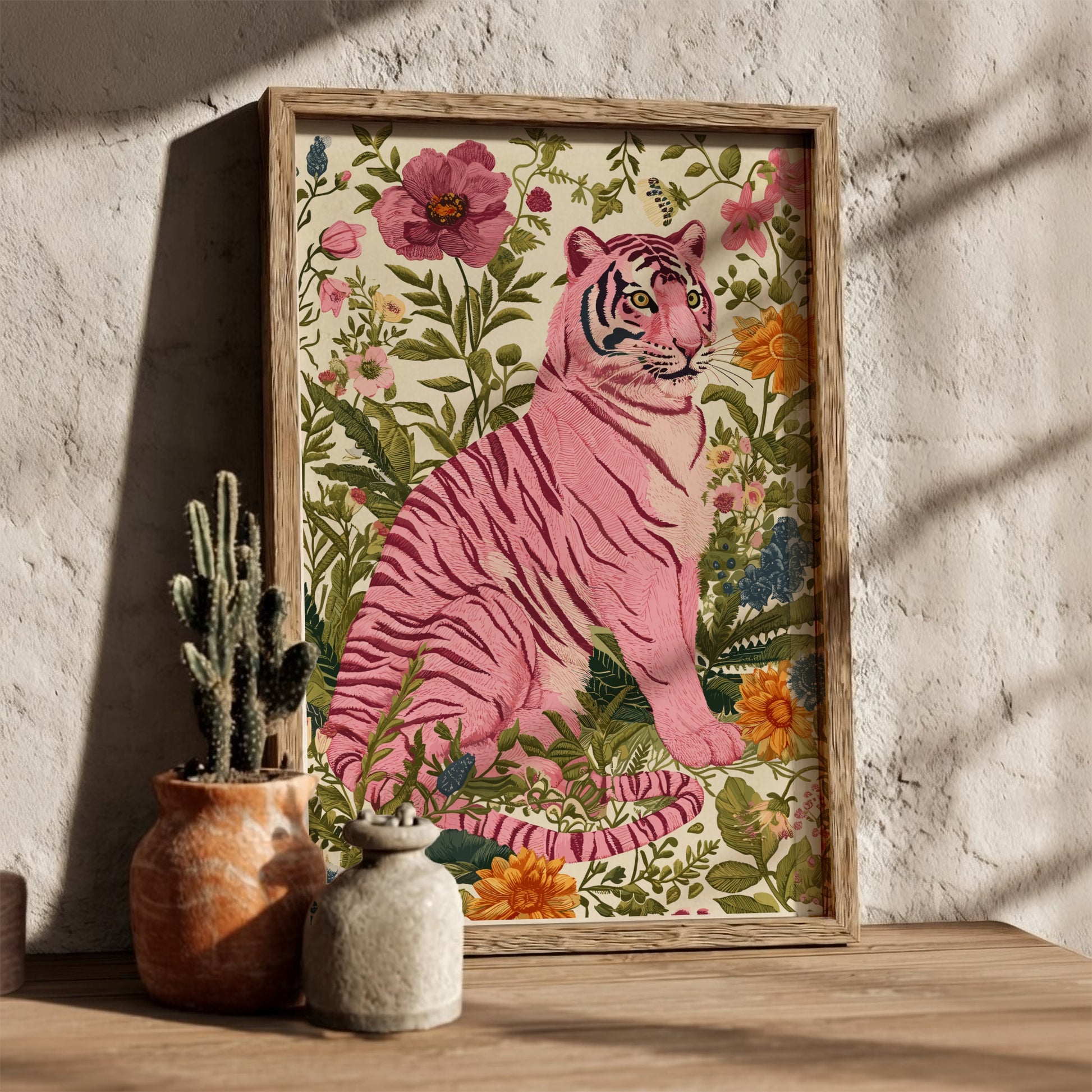 Wild Botanica Modern Art - The Pink Tiger in a Botanical Garden Wall Print
