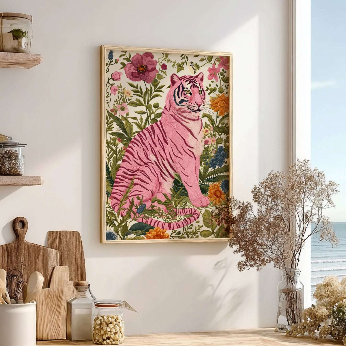 Wild Botanica Modern Art - The Pink Tiger in a Botanical Garden Wall Print