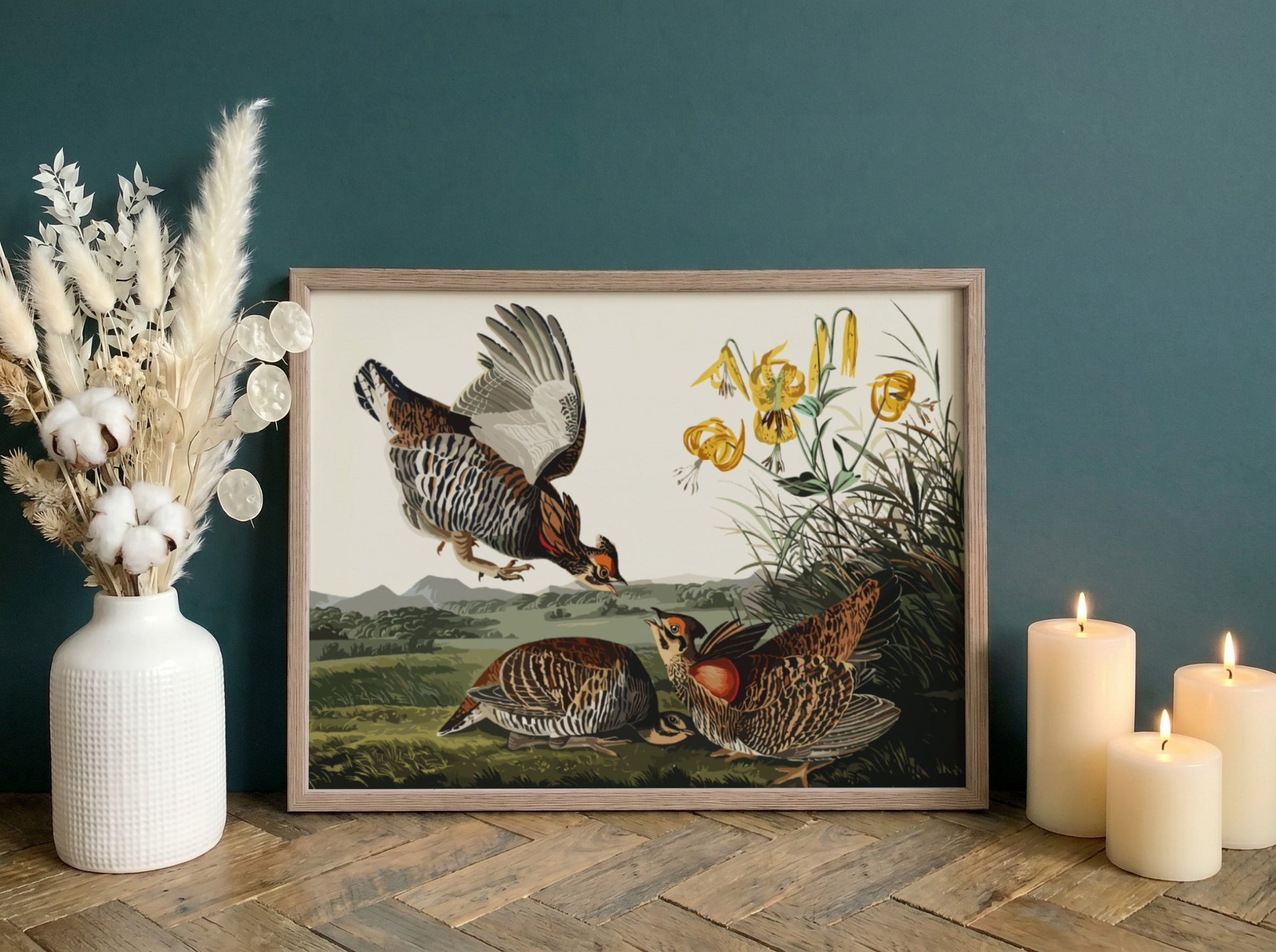 Pinnated grouse art poster featuring vibrant colors and vintage style, perfect for nature wall decor.