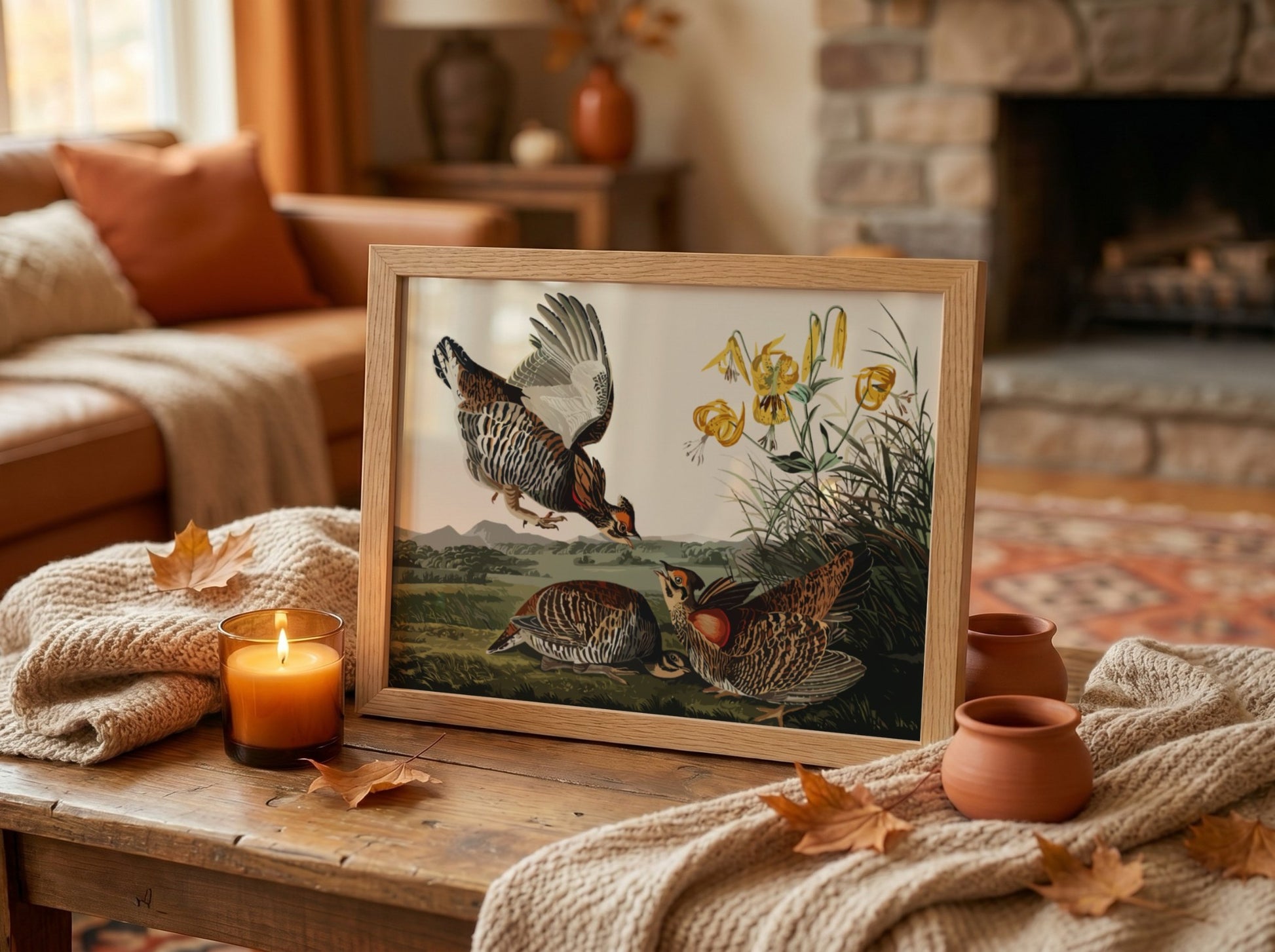 Pinnated grouse art poster featuring vibrant colors and vintage style, perfect for nature wall decor.