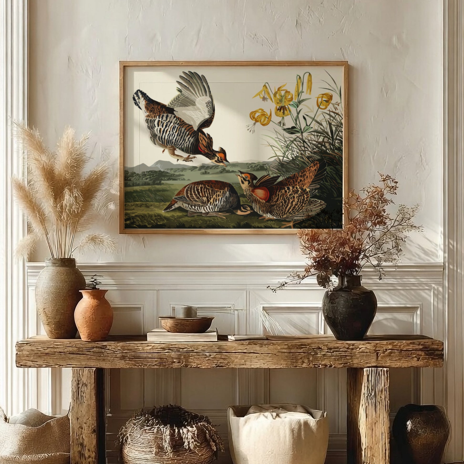 Pinnated grouse art poster featuring vibrant colors and vintage style, perfect for nature wall decor.