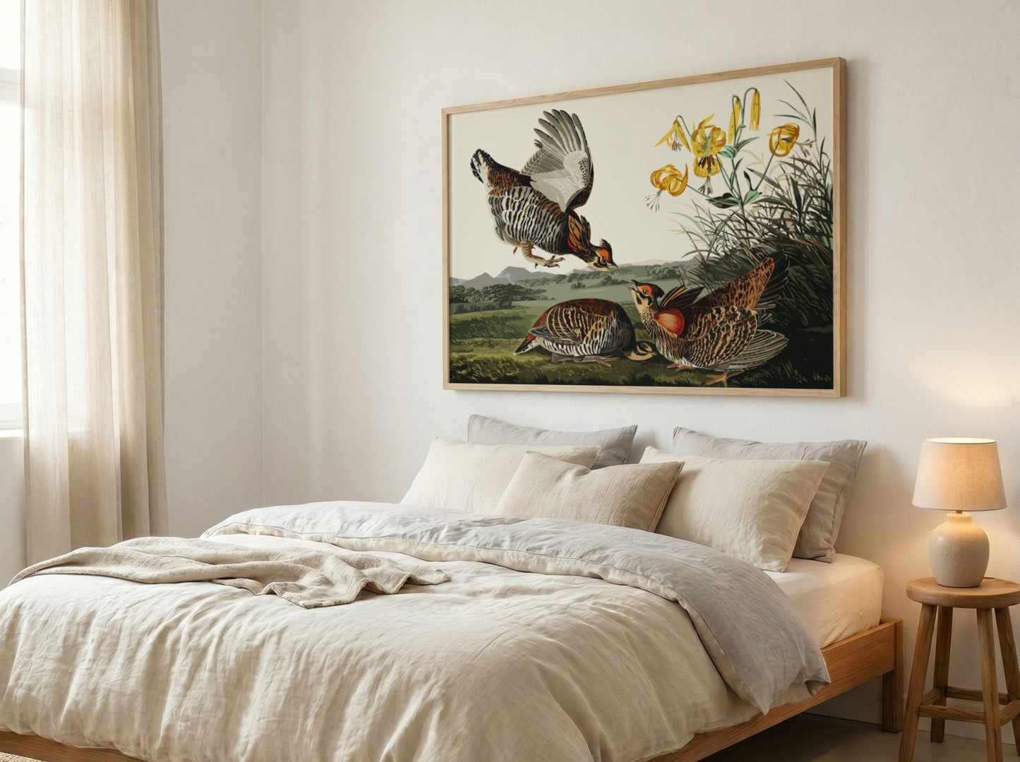 Pinnated grouse art poster featuring vibrant colors and vintage style, perfect for nature wall decor.