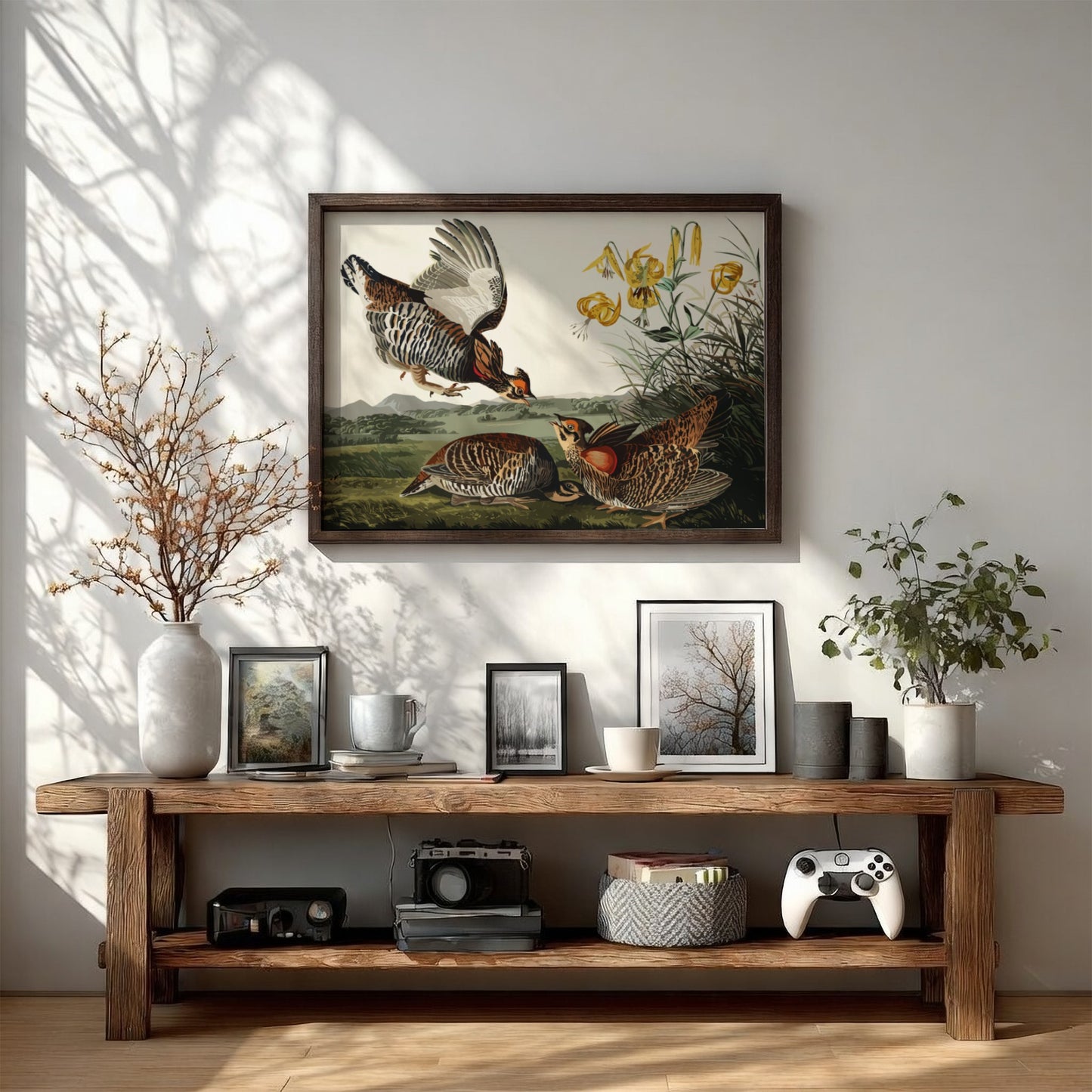 Pinnated grouse art poster featuring vibrant colors and vintage style, perfect for nature wall decor.