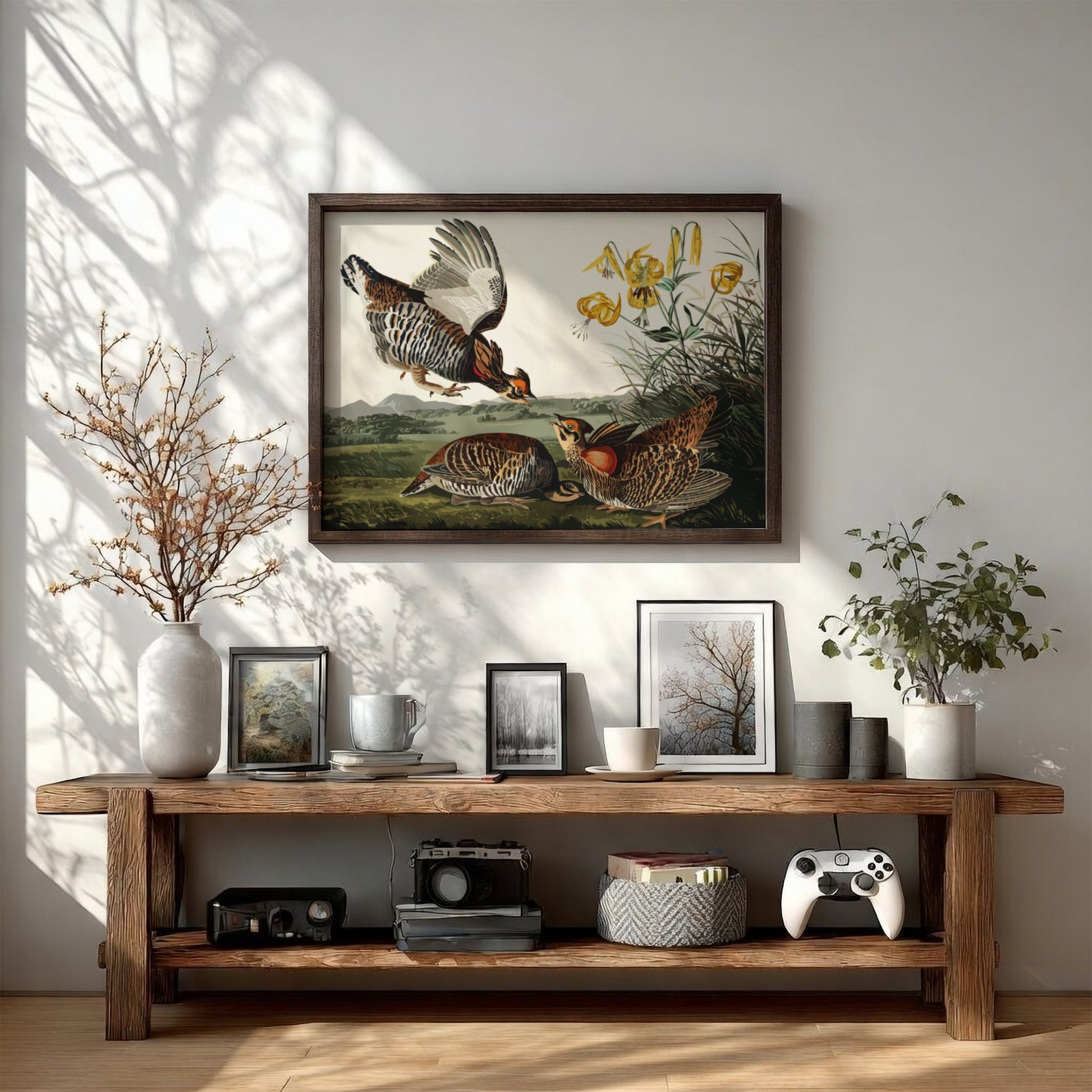 Pinnated grouse art poster featuring vibrant colors and vintage style, perfect for nature wall decor.
