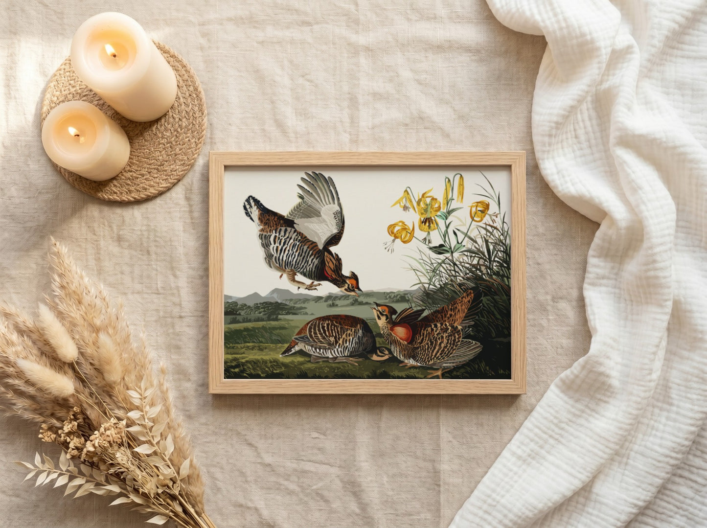 Pinnated grouse art poster featuring vibrant colors and vintage style, perfect for nature wall decor.