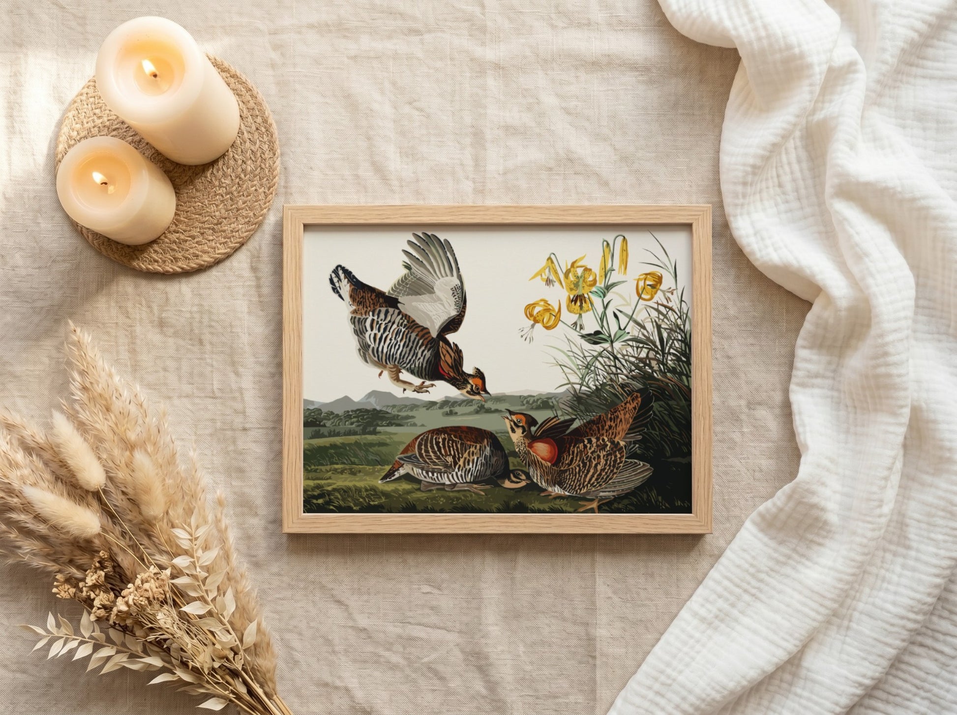 Pinnated grouse art poster featuring vibrant colors and vintage style, perfect for nature wall decor.