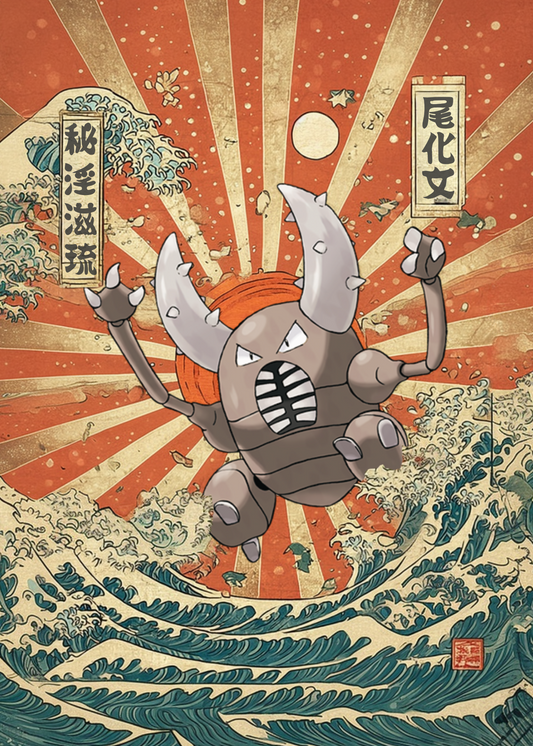 Pinsir Pokemon on a stylized Japanese wave and sun background