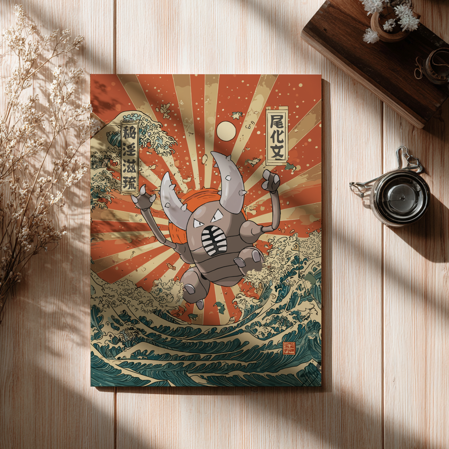 Poster with a Pinsir Pokemon design on a wooden surface