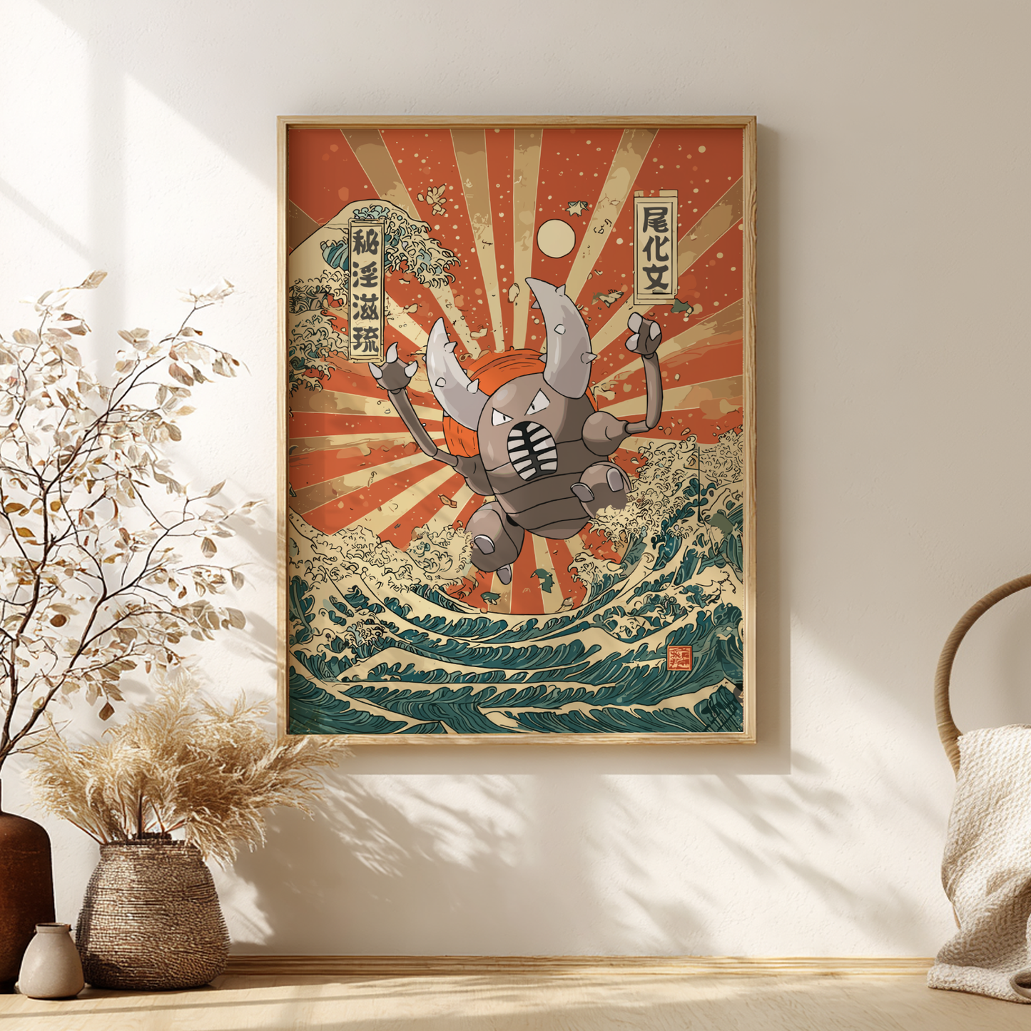 Framed artwork of a stylized Pinsir Pokemon on a wave with a sunburst background, placed on a wall in a room with decor elements.