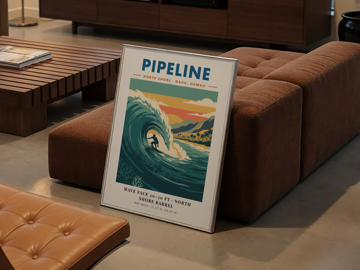 Vintage style poster of a surfer riding a large wave at Pipeline Hawaii beach