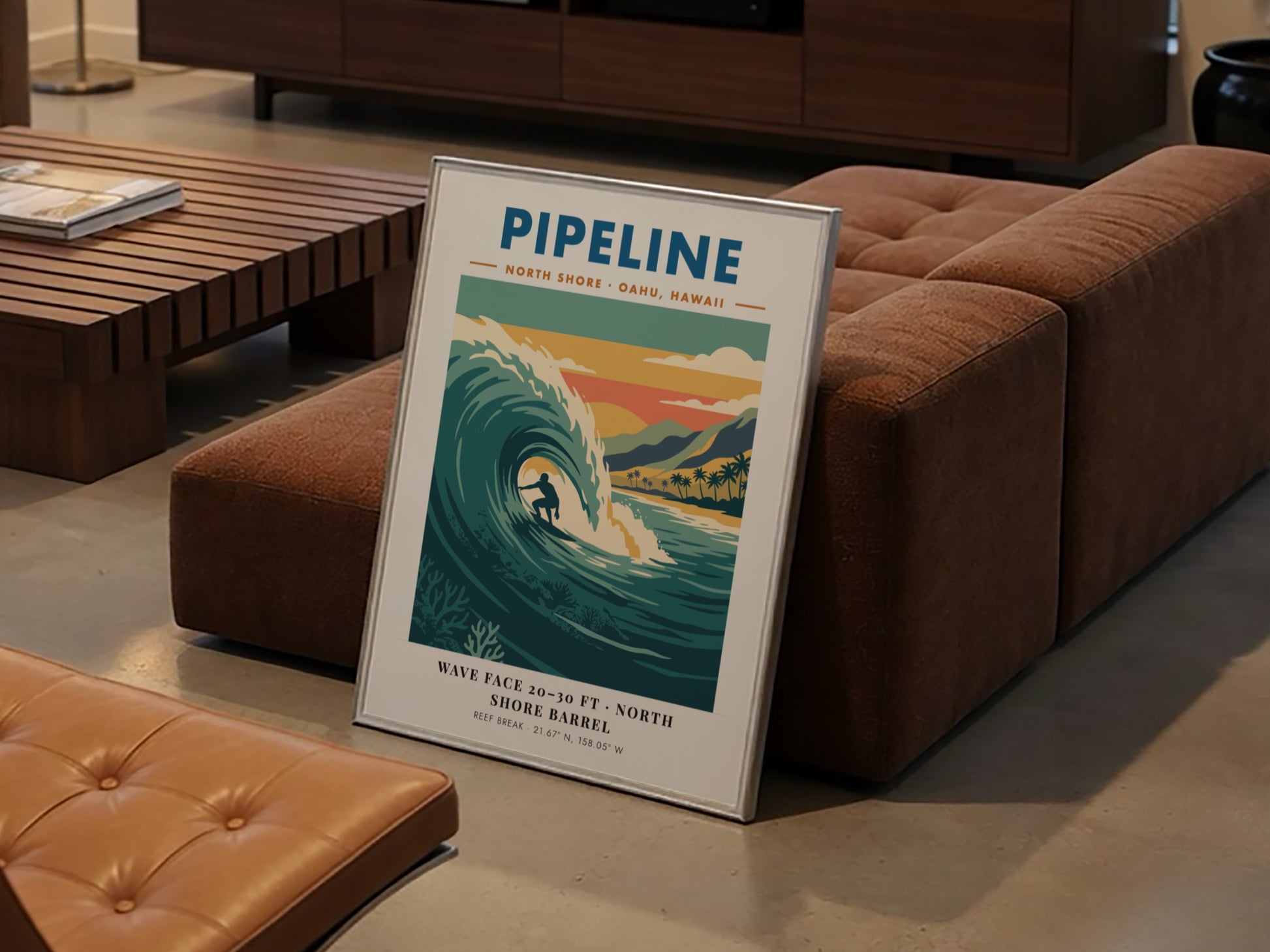 Vintage style poster of a surfer riding a large wave at Pipeline Hawaii beach