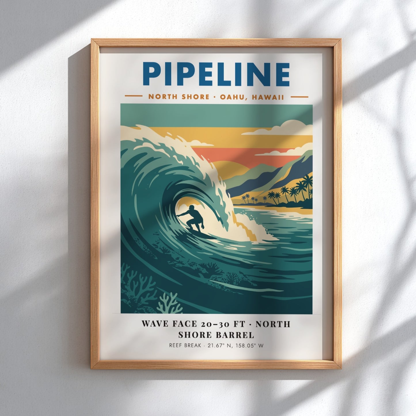 Vintage style poster of a surfer riding a large wave at Pipeline Hawaii beach