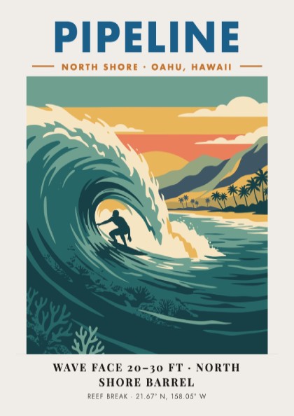 Vintage style poster of a surfer riding a large wave at Pipeline Hawaii beach