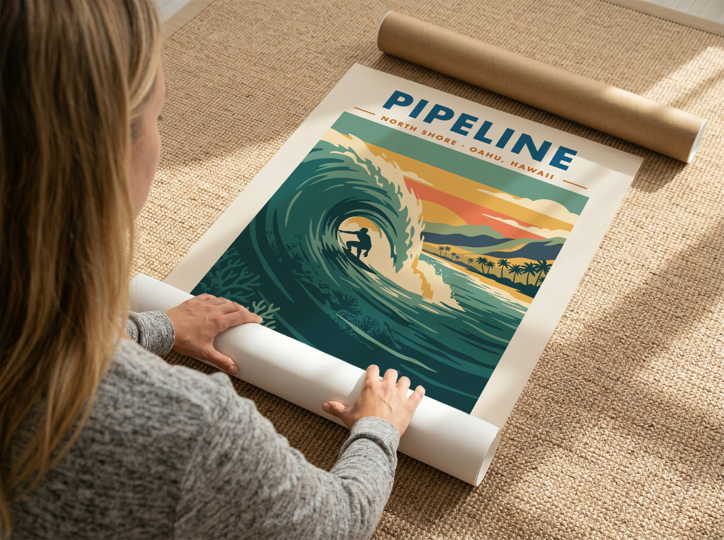 Vintage style poster of a surfer riding a large wave at Pipeline Hawaii beach