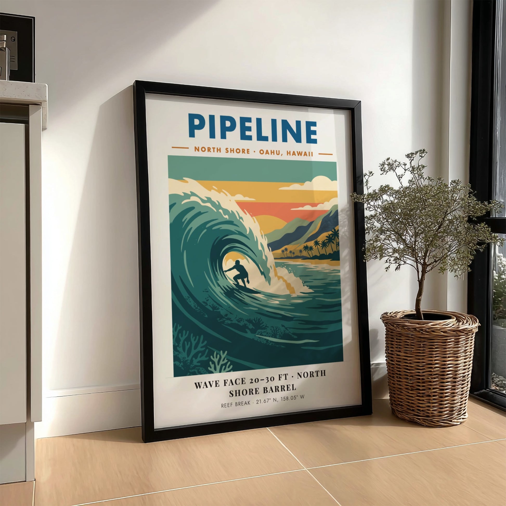 Vintage style poster of a surfer riding a large wave at Pipeline Hawaii beach