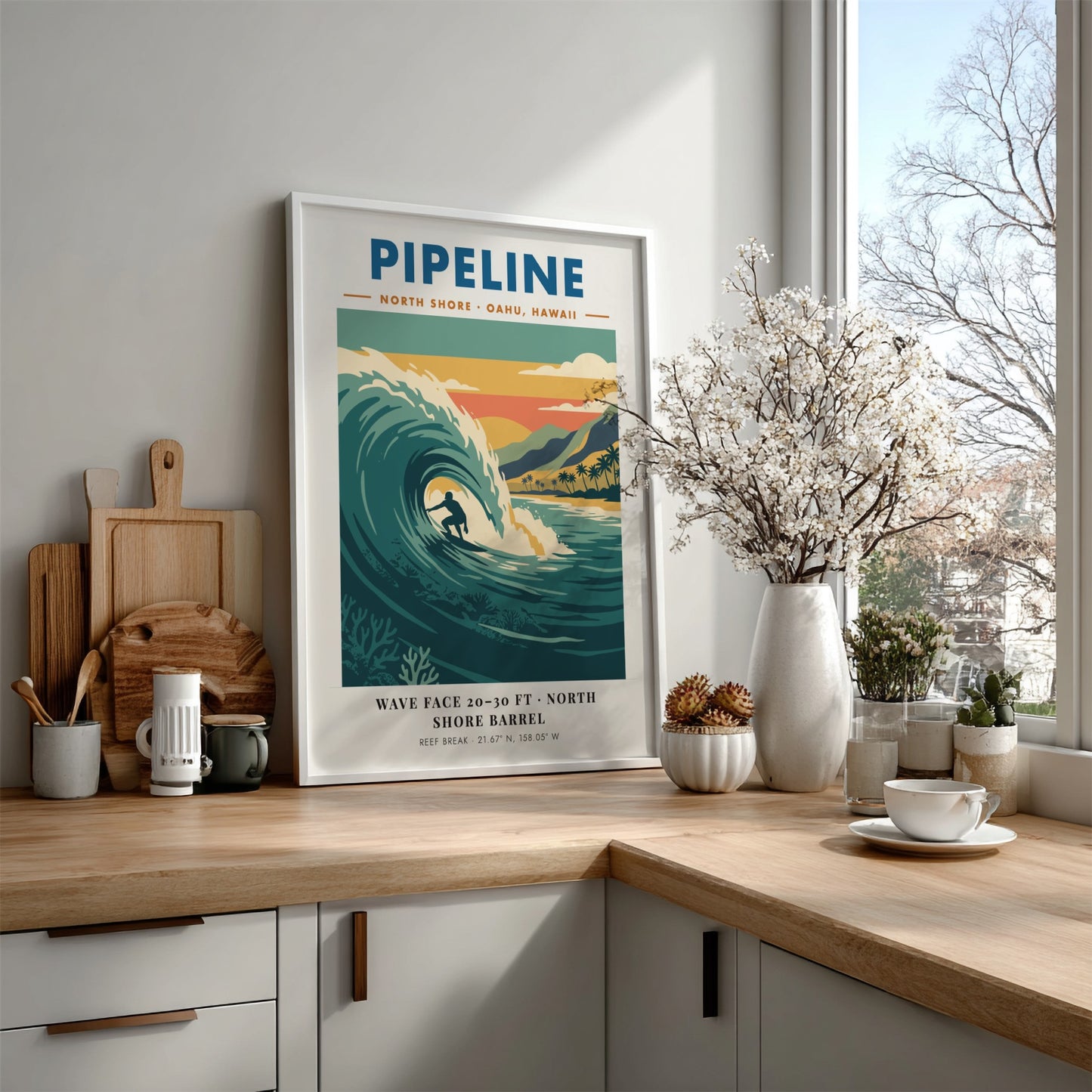 Vintage style poster of a surfer riding a large wave at Pipeline Hawaii beach