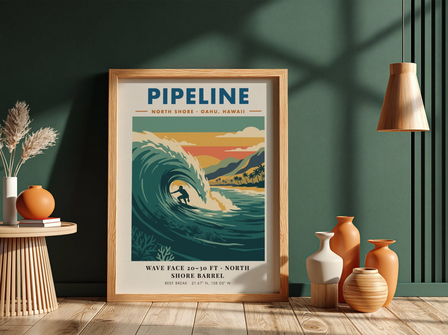 Vintage style poster of a surfer riding a large wave at Pipeline Hawaii beach