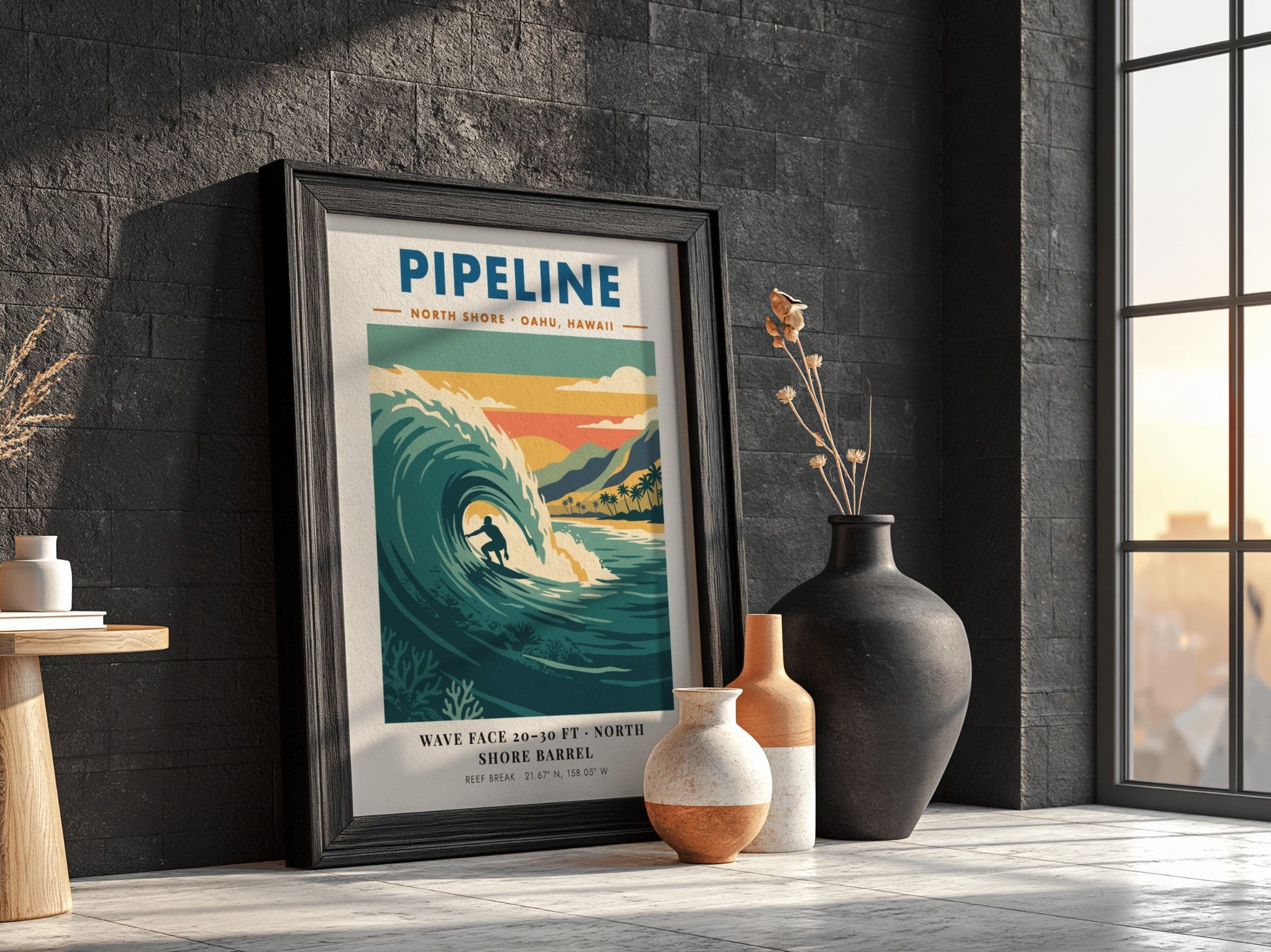 Vintage style poster of a surfer riding a large wave at Pipeline Hawaii beach