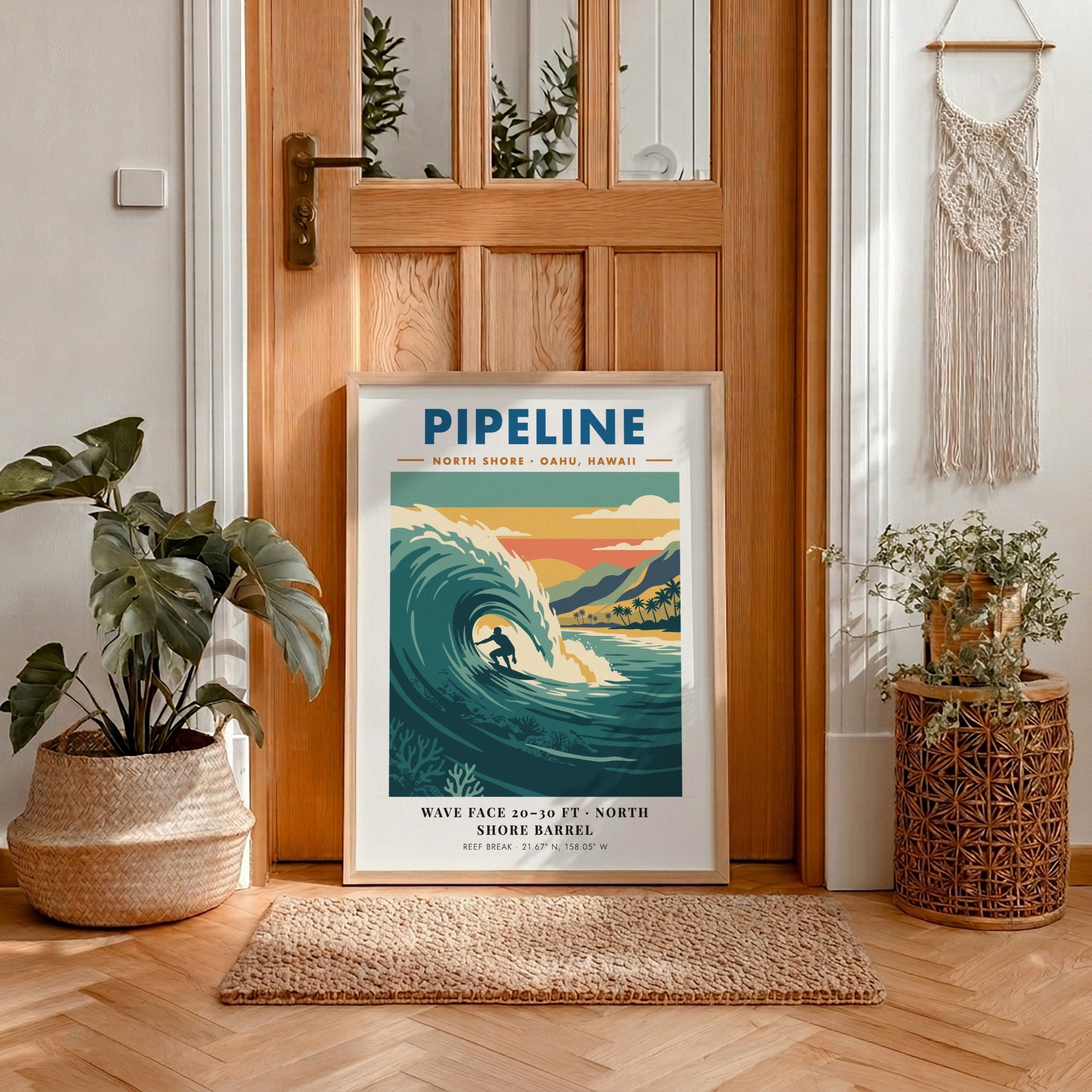 Vintage style poster of a surfer riding a large wave at Pipeline Hawaii beach
