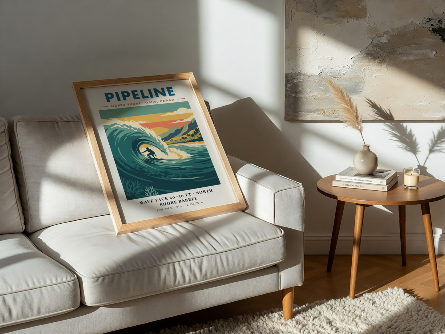 Vintage style poster of a surfer riding a large wave at Pipeline Hawaii beach