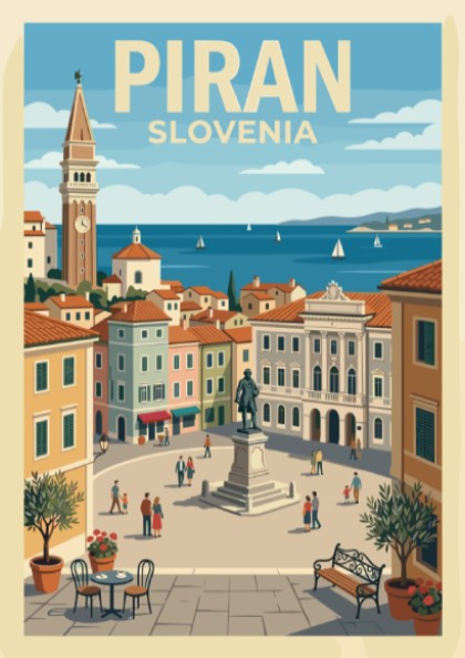 Poster of Piran Slovenia featuring a town square, historic bell tower, and sailboats.