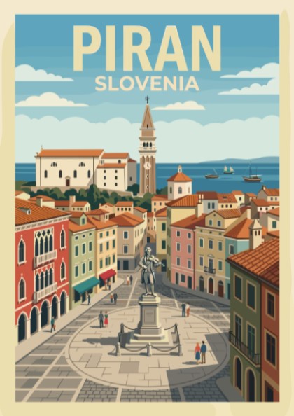 Poster of Piran Slovenia featuring an iconic bell tower and central town square statue